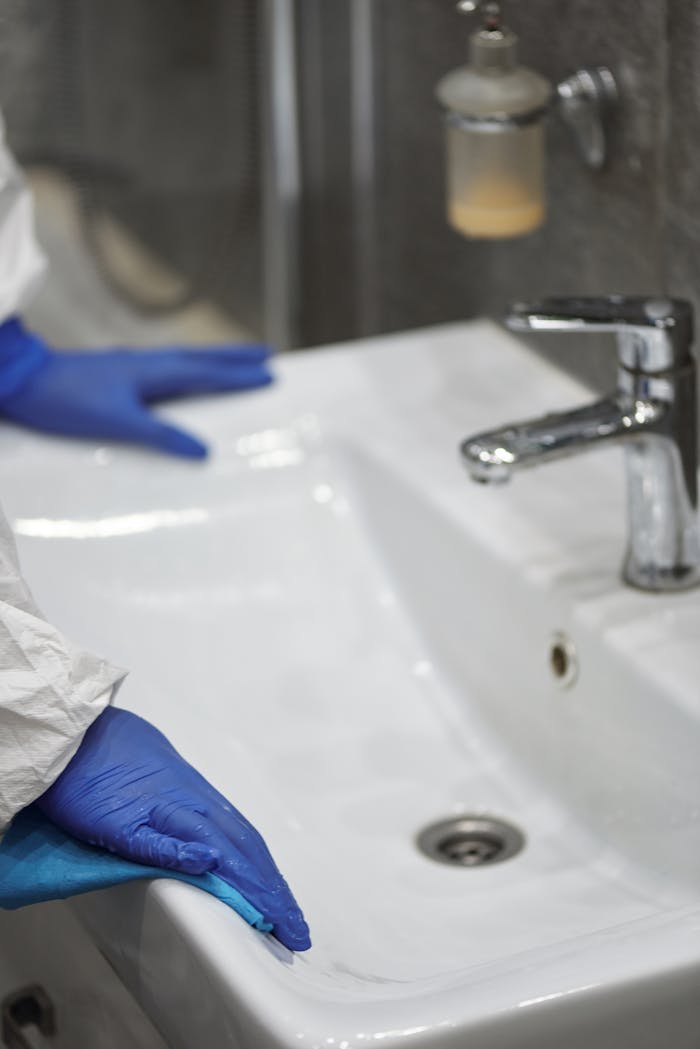 Close-up of a washbasin being cleaned with blue gloves, emphasizing sanitation and hygiene.